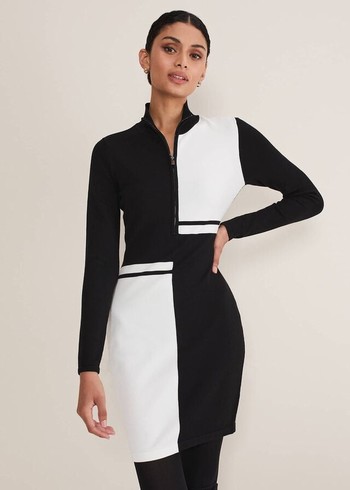 Phase Eight Arden Zip Detail Colourblock Tunic Dress Black/White Canada | SPXOJU-065